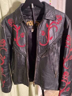 Vintage Force Leather Black Leather Jacket with Red Floral Appliqué
